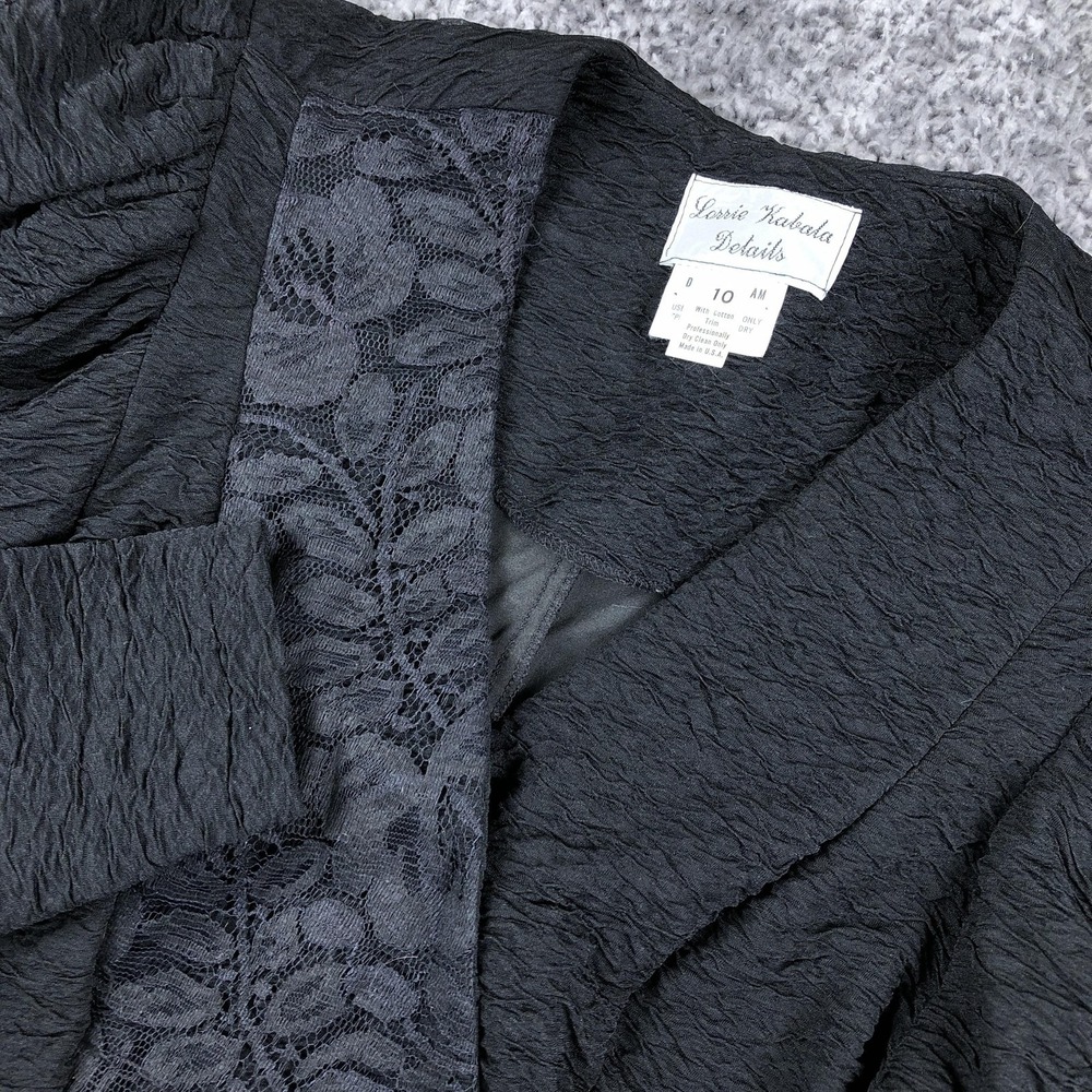 Vintage Lorrie Kabala Details Blouse Womens 10 Black Lace Puff Sleeve Floral USA